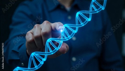 Hand pressing a glowing DNA strand icon with blue light 