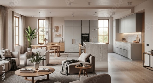 Modern living room interior design with kitchen and natural light