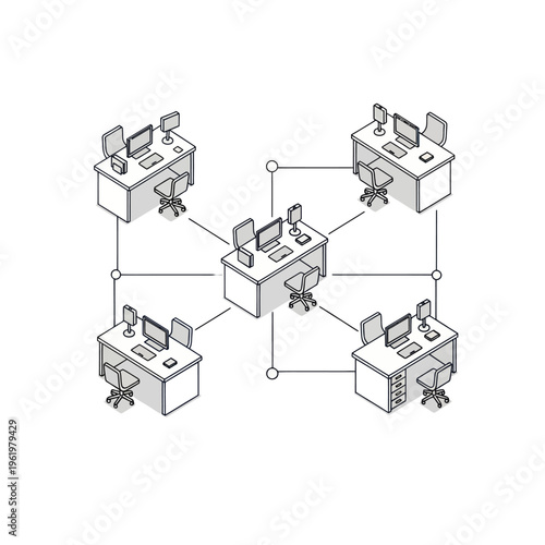 Isometric Network Diagram of Connected Office Workstations.