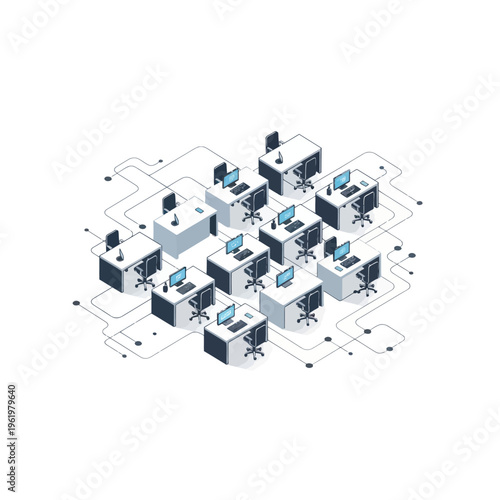Isometric office desks connected in a network, representing modern workspace and technology.
