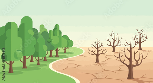 Illustrating Earth Day The stark contrast between a lush forest and a barren, dry landscape, highlighting the urgency of environmental protection