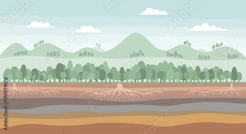 Earth Day illustration showing layers of soil and tree roots, representing the interconnectedness of nature and the importance of conservation