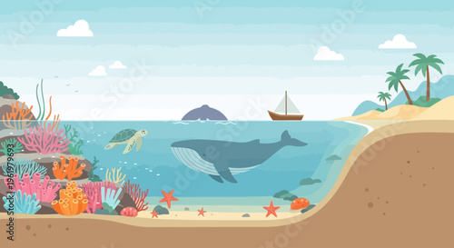 Earth Day underwater scene with whale, turtle, coral reef, and tropical island coast