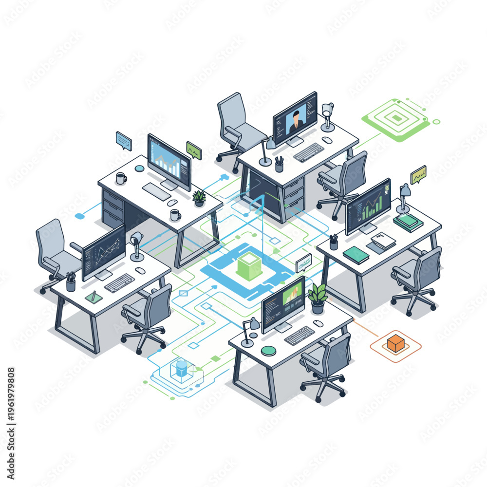 Obraz premium Isometric office workspace with interconnected computers and data flow.