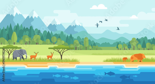 Vibrant illustration celebrating Earth Day with diverse wildlife and lush landscapes in a harmonious ecosystem