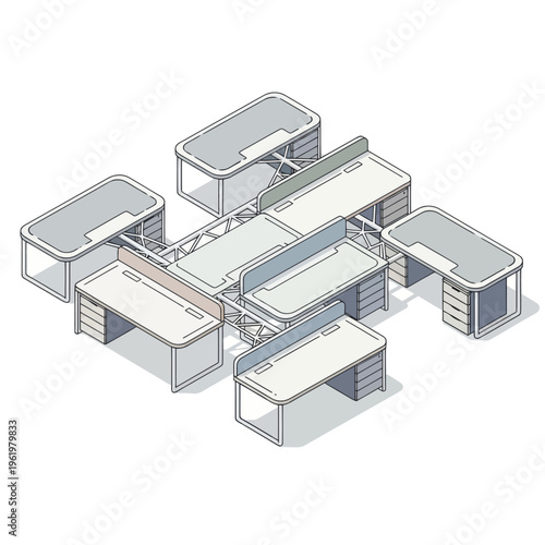 Isometric view of a modern office cubicle cluster with multiple workstations.