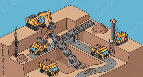 Isometric Mining Operation with Excavators and Dump Trucks.