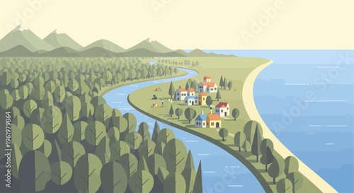 Earth Day a harmonious landscape illustration featuring a village by a river, forest, and ocean, advocating environmental balance and sustainable living