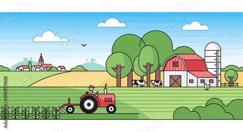 Farm tractor plowing a field with cows in the background, celebrating Earth Day with sustainable agriculture