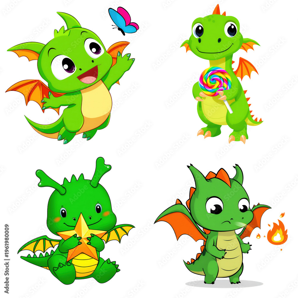 Naklejka premium Cute Cartoon Dragon Characters Set PNG Fantasy Baby Dragons Isolated on Transparent Background