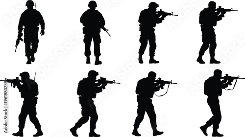 Black silhouette vector illustration of armed soldiers in tactical combat stances, showcasing military readiness, battlefield action, and defense themes for design projects