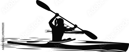 Black silhouette vector illustration of person kayaking with raised paddle, dynamic water ripples, symbolizing outdoor adventure, sport, and recreational activity