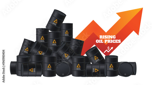 Illustrating the increase in global crude oil market costs, depicted by stacked barrels and an upward trending arrow