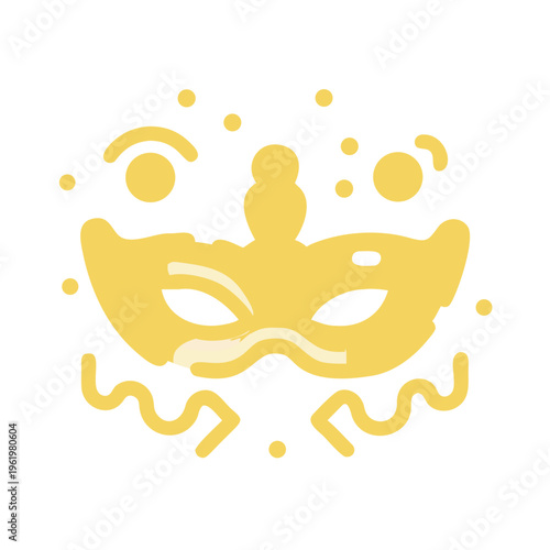 Yellow masquerade mask icon with confetti and streamers for carnival and party celebration
