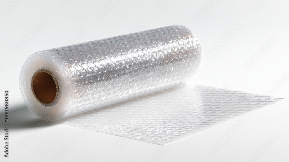 Fototapeta premium Transparent bubble wrap roll isolated on white background, protective packaging material with air cushions, ideal for shipping, storage, and fragile item protection.