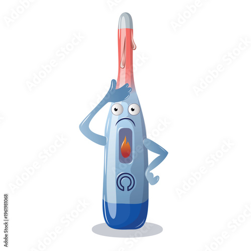 Cartoon thermometer showing a high temperature with a worried expression while holding its hand on its forehead