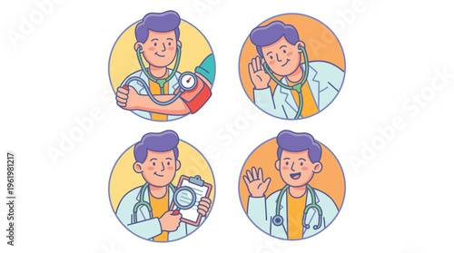 Friendly Male Doctor Healthcare Professional Illustrations for Clinical and Medical Services, Engaging Patient Care Concepts
