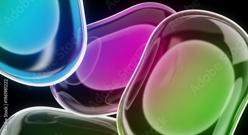 Vibrant liquid glass shapes with neon gradient reflections and soft glow edges, futuristic design concept