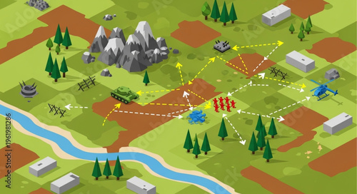 Isometric Game Map Design with Strategic Elements and Resource Management.