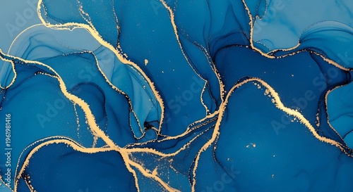 Abstract art background with deep blue and gold ink flow, smooth diffusion