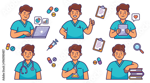 Vector illustrations of a Male Doctor, a Healthcare Medical Professional, performing varied Clinical tasks