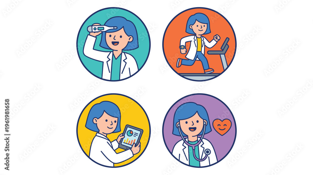 Fototapeta premium Illustrations of a female Doctor, a medical professional, showcasing healthcare duties and clinical wellness