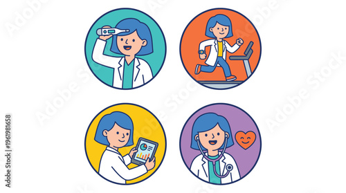 Illustrations of a female Doctor, a medical professional, showcasing healthcare duties and clinical wellness