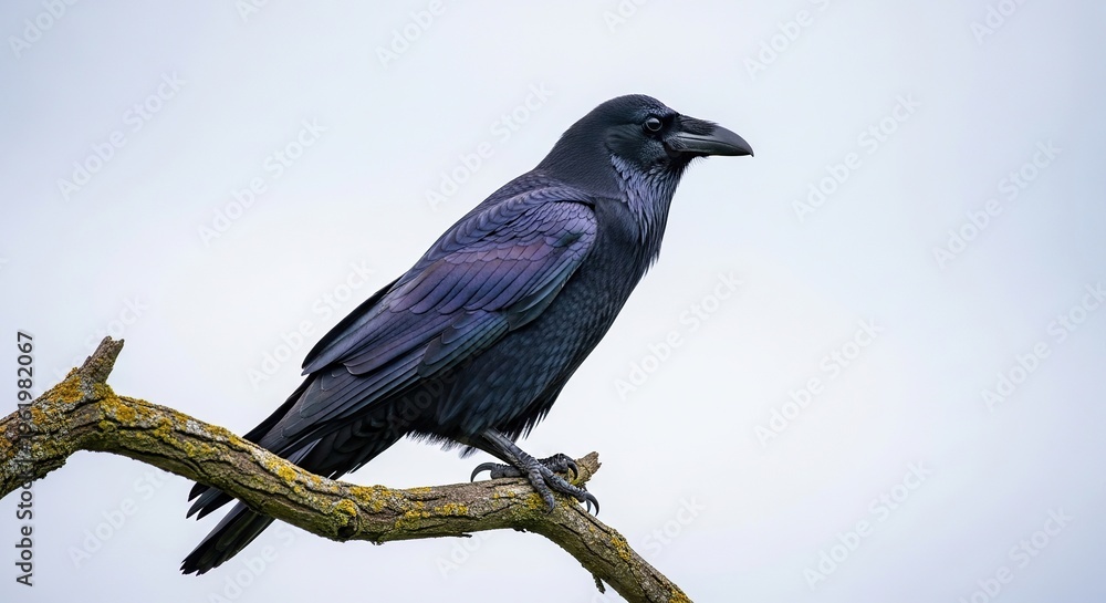 Fototapeta premium Crow and raven sitting on a tree branch in nature, black wild birds with feathers in a forest setting