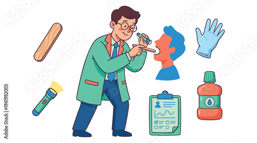 Medical professional performs a clinical throat examination on a patient using healthcare diagnostic tools