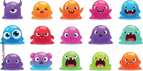 Cute slime monsters characters set with different emotions, colorful cartoon blobs collection for game design, stickers, kids illustrations and funny mascot elements