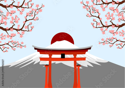 Mount Fuji with red torii gate and cherry blossom branches in minimal Japanese style