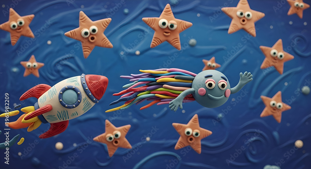 Obraz premium Whimsical clay rocket blasts off through a starry sky with a friendly comet creature on a playful cosmic adventure