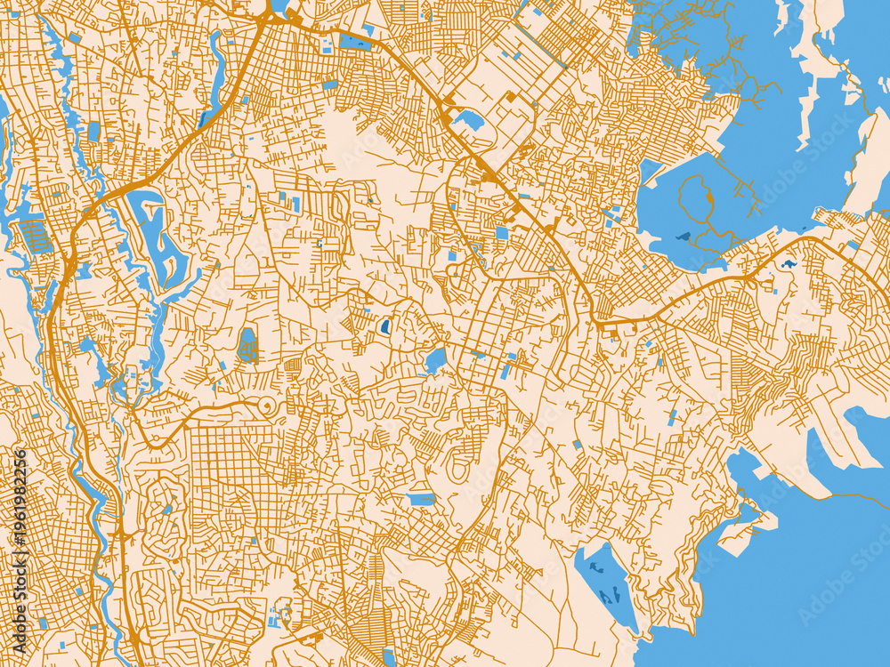 Fototapeta premium Cartographic city illustration of Jiutepec, Mexico — warm neutral map design featuring golden roads, pale cream land and bright blue water accents