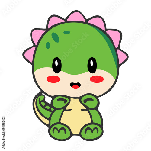 A cute cartoon dinosaur with a green and pink spiky back and a happy expression