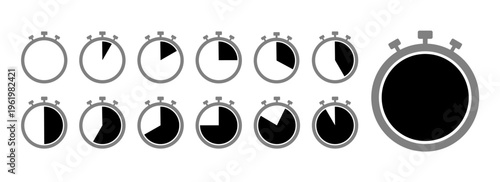 Stopwatch timer icon set with different time intervals for progress and countdown concept. Vector flat illustration of chronometers showing passage of time from start to finish. Stopwatch timer icon