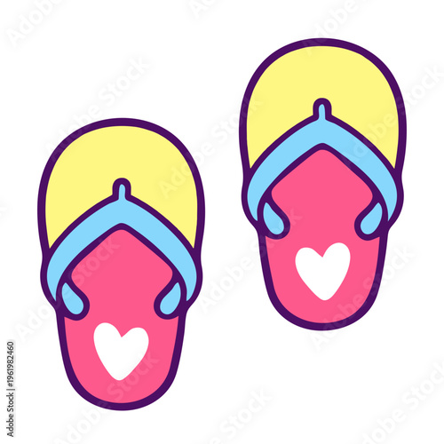 A colorful illustration of a pair of flip flops with hearts on the soles