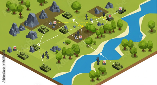 Isometric Military Strategy Game Map with Tanks and River.