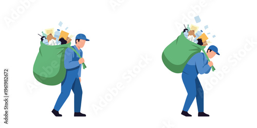Garbage collector carrying full bag with transparent background