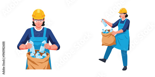 Recycling worker collecting plastic bottles with transparent background