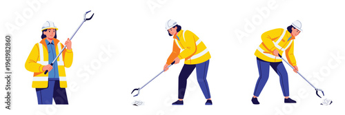 Worker cleaning litter with a grabber tool