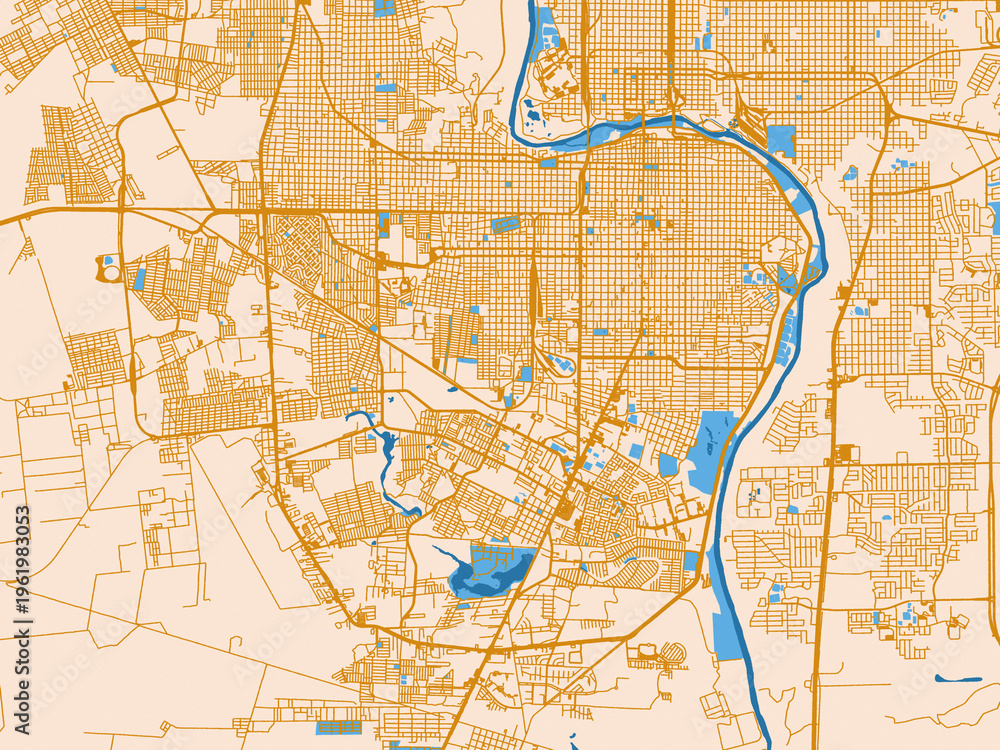 Fototapeta premium Street map of Nuevo Laredo, Mexico in mustard-gold streets on cream