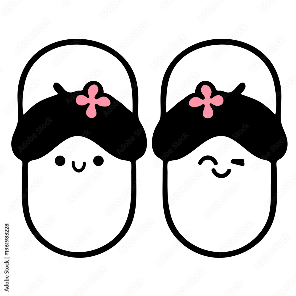 Fototapeta premium A cute pair of cartoon slippers with smiling faces and pink flowers on their black hats