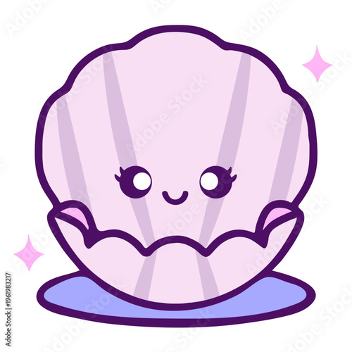 A cute cartoon clamshell with a smiling face and sparkles