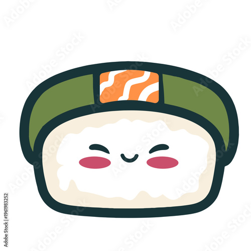 A cute cartoon sushi character wearing a green hat with an orange and white design