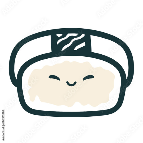 A cute cartoon sushi roll with a smiling face and a black and white design