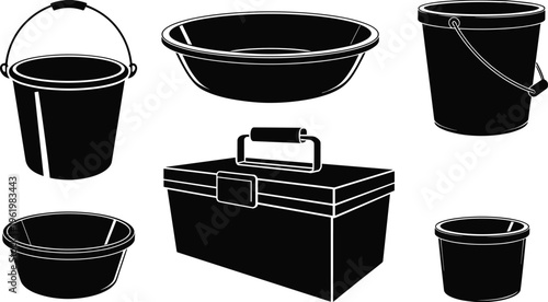 Bucket silhouette icons, basin vector, cylindrical container, toolbox with handle, water pail artwork, black and white, flat illustration