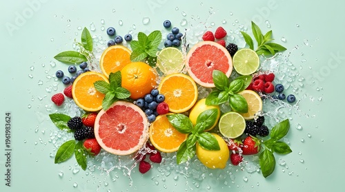 A vibrant arrangement of sliced citrus fruits and berries on a mint green background with water droplets