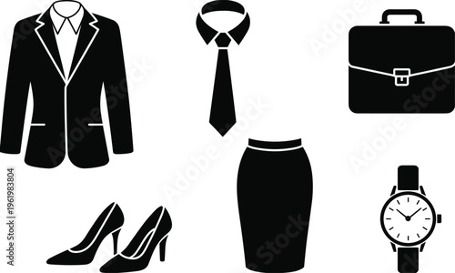 Business attire silhouettes, suit jacket, necktie shirt, briefcase icon, high heels, pencil skirt, wristwatch accessory, professional dress code, flat vector illustration