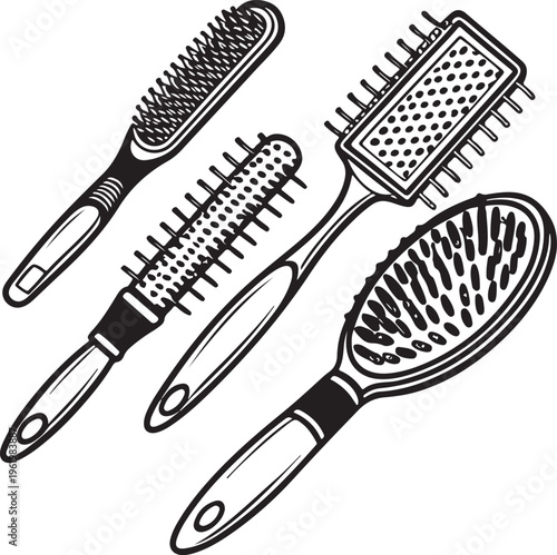Professional set of plastic hair brushes and black combs for hairstyle beauty care, isolated on a white background as essential barber equipment for hygiene and fashion styling