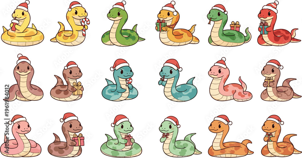 Fototapeta premium Cute snake characters set with Christmas hats and gifts, festive cartoon reptiles collection for holiday illustration, stickers, nursery decor and playful vector design
